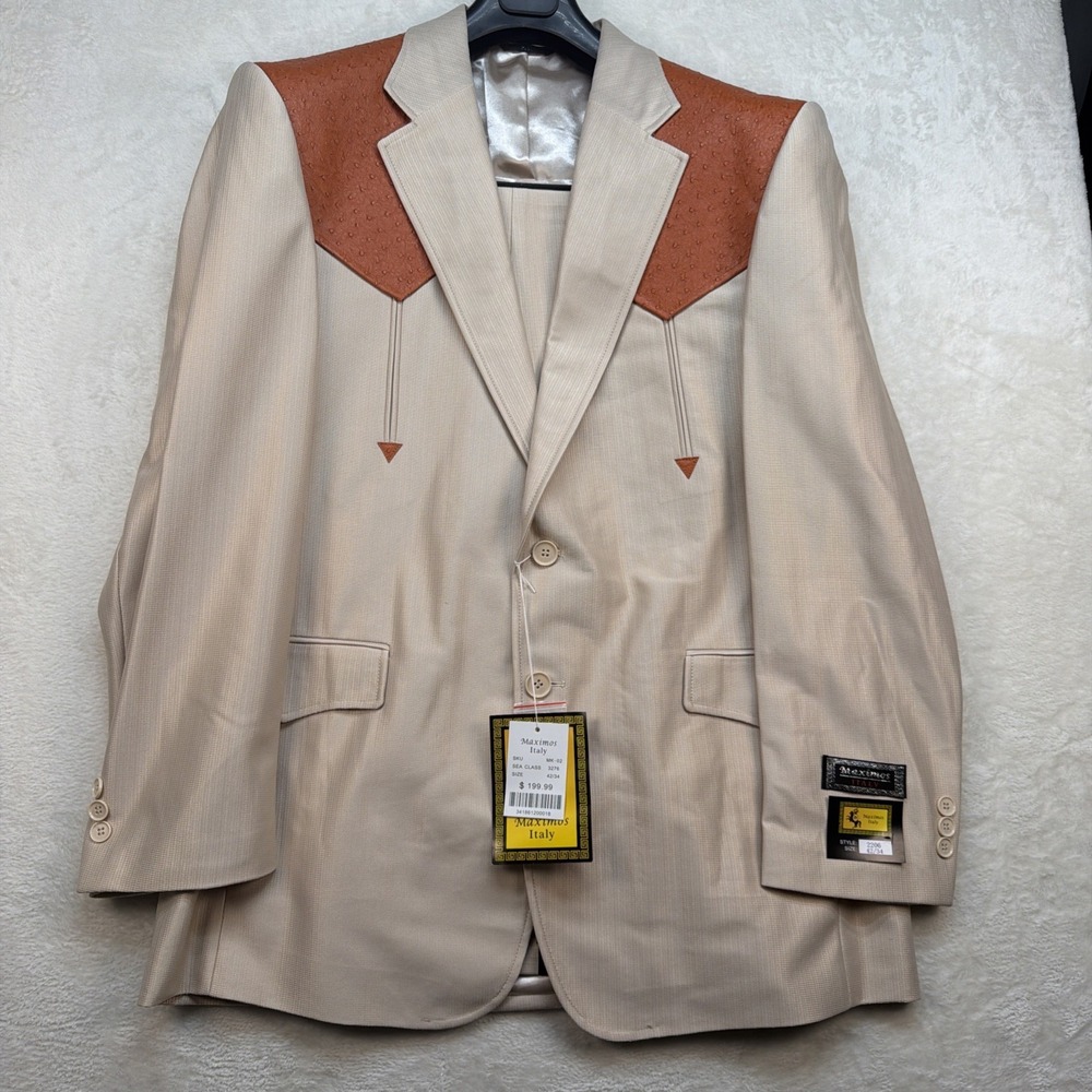Vintage Western Rockabilly Suit Mens 42R 34 Beige Cowboy Stage Set Pearl Snap